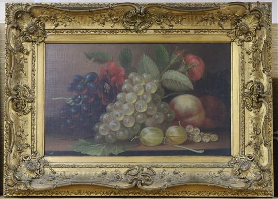 Victorian School, oil on canvas laid on panel, still life of fruit, inscribed verso and dated 1845, 22 x 36cm